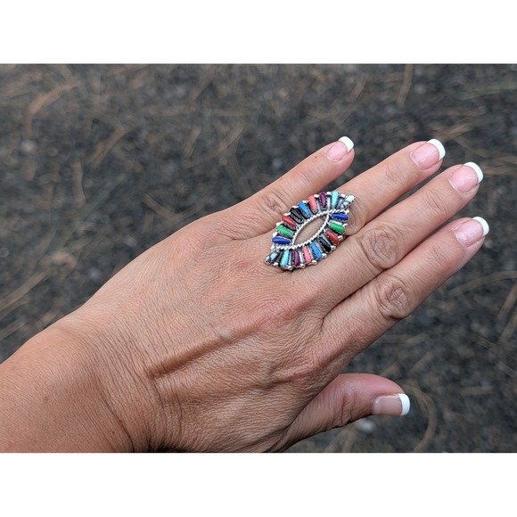 Handcrafted Navajo Cluster Ring Size 7.5 Women's Southwest Signed Jewelry ** - Picture 3 of 9